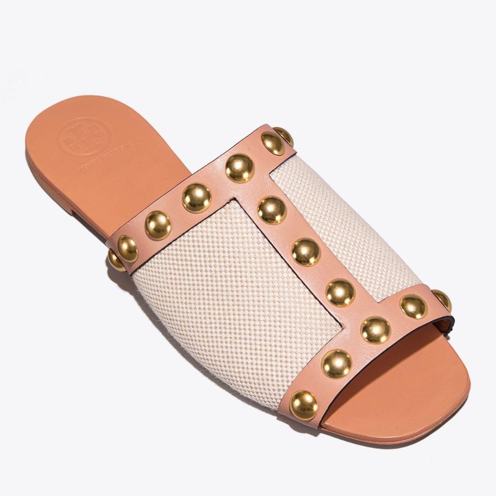 Tory Burch Blythe Slide Sandals, Women’s Size 6, Cream and Brown Studded Sandals